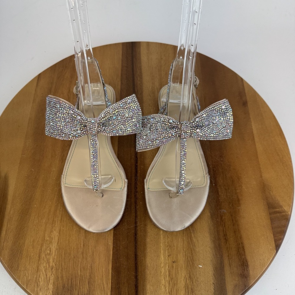 Big Kids Betsey Johnson Sasha Crystal Beige Bow Thong Slingback Sandals Size 3 Y
